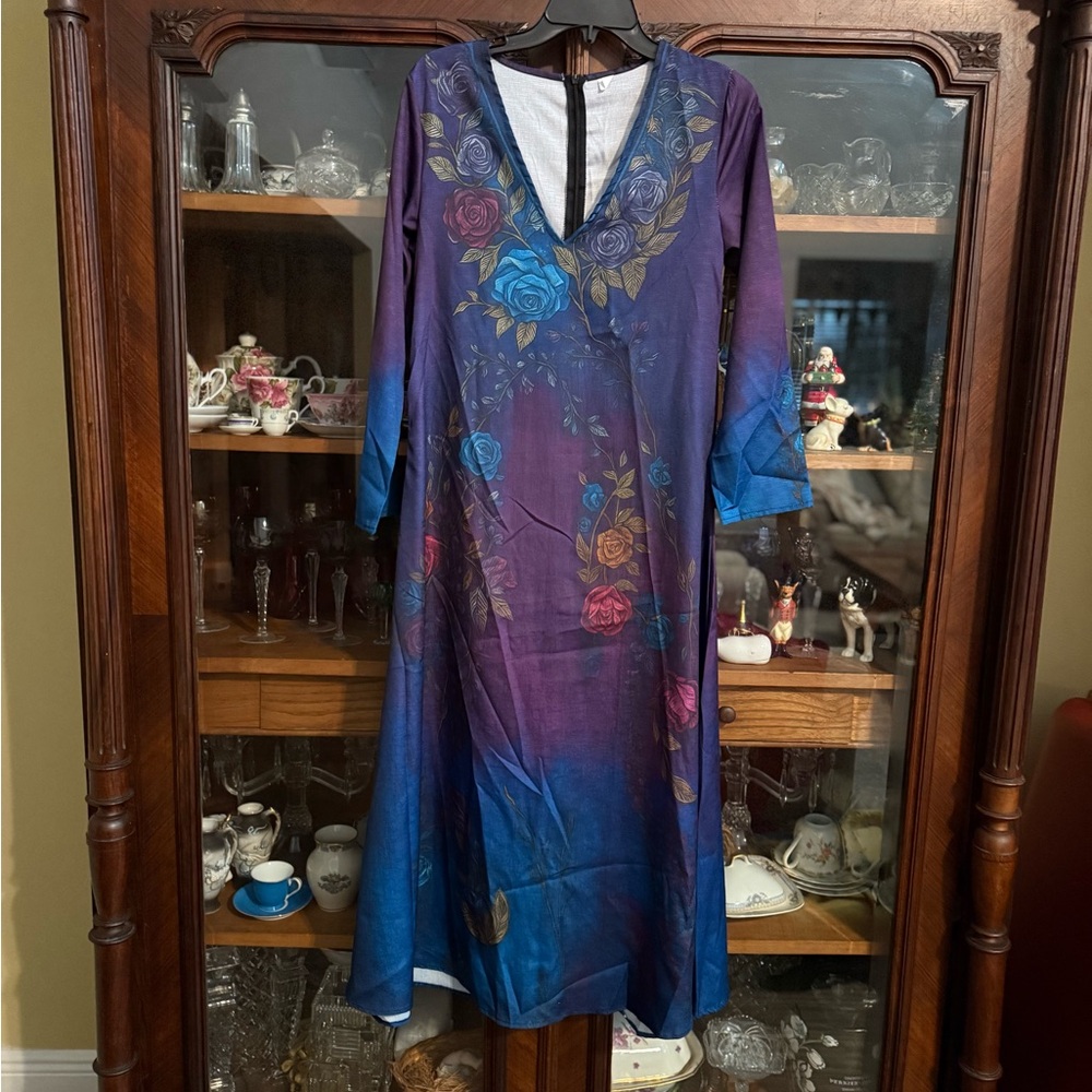 Elegant Floral Long Sleeve Dress in Purple and Blue